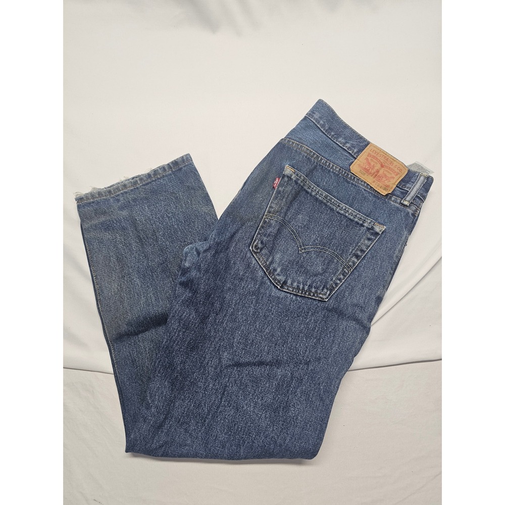 Levis 505 Regular Fit Jeans Mens 36x30 Medium Wash Blue Straight Leg Distressed